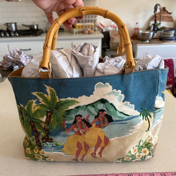 Handbags - Tropical Print Canvas Tote with Bamboo Handles - Blue & Yellow